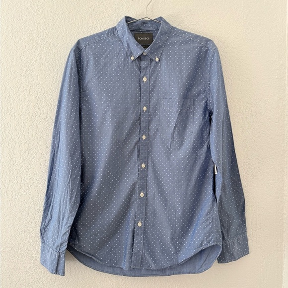 Bonobos Slim Fit Chambray Button Down Shirt Size Medium Polka Dot Blue White - Picture 4 of 10